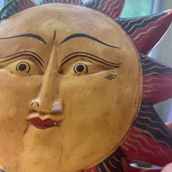 Vtg Wooden Hand Painted Sun Moon Face Hanging Ornament Christmas Indonesia 7” - Picture 13 of 16